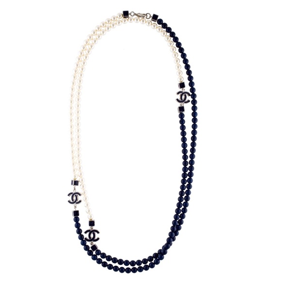 CHANEL, Jewelry, Chanel White And Navy Faux Pearls Glass Enamel